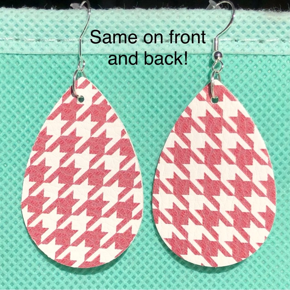 Rose and White Houndstooth Faux Leather Teardrop Earrings